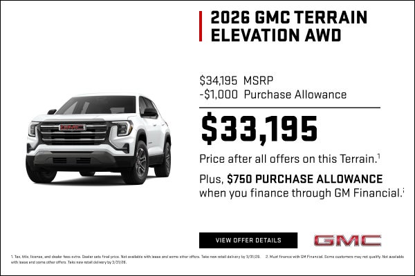 $34,195 MSRP
$1,000 Purchase Allowance
$33,195 Price after all offers on this Terrain.1

Plus, $7...